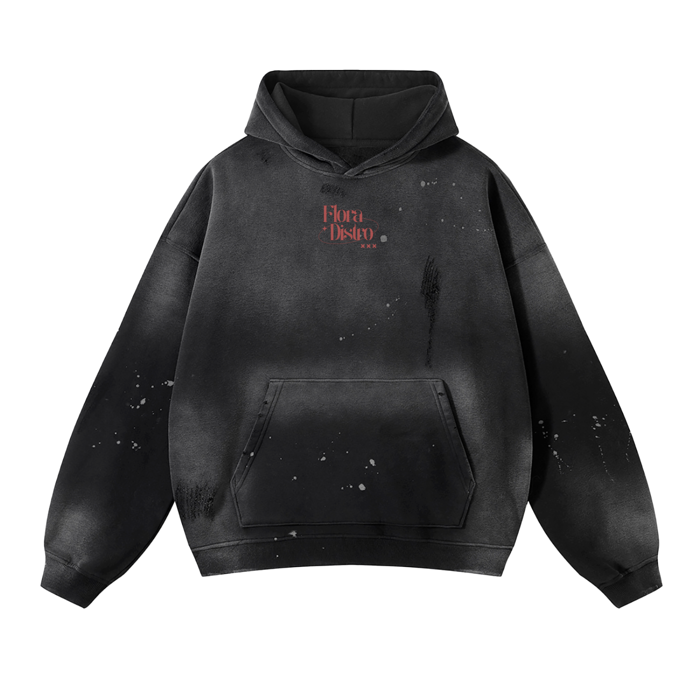 'Perspective' Vintage Wash Frayed Fleece Hoodie Black Splatter