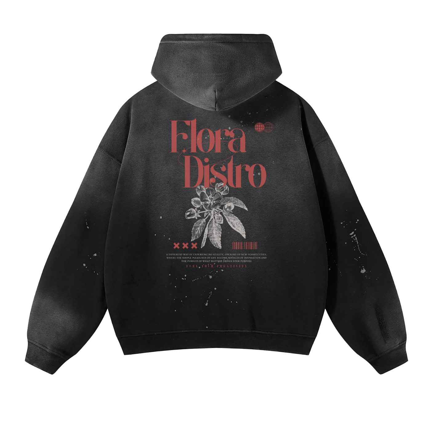 'Perspective' Vintage Wash Frayed Fleece Hoodie Black Splatter
